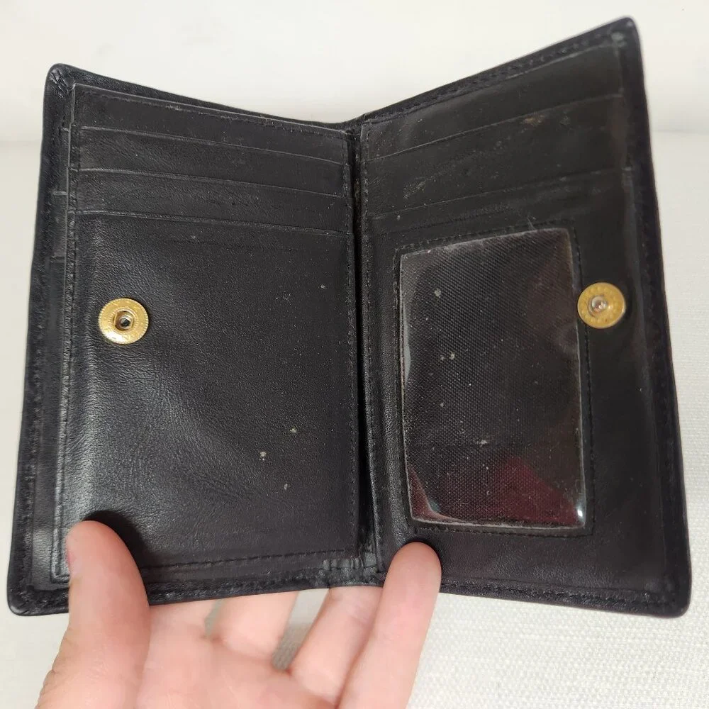 Mens Black Leather Bifold Wallet ID, Card Slots Snap